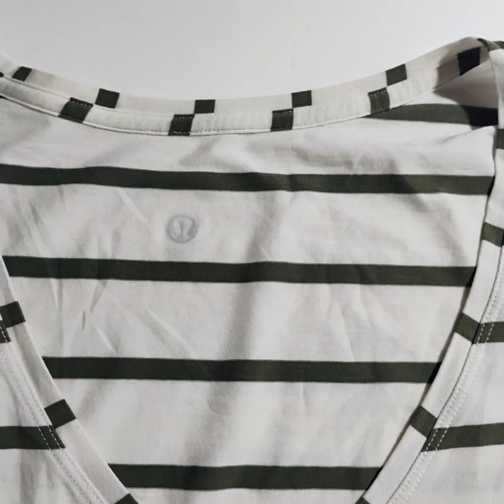 Lululemon Striped V Neck Tee White Green Athletic Yoga Top
